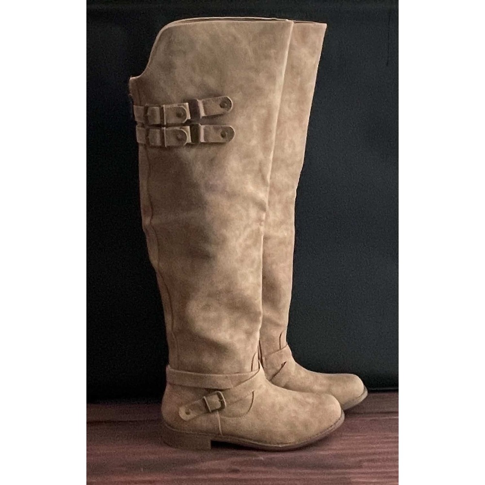 JustFab Carmona Tan Over The Knee Buckle Boots Womens 7.5 FB1618991-2710-29075